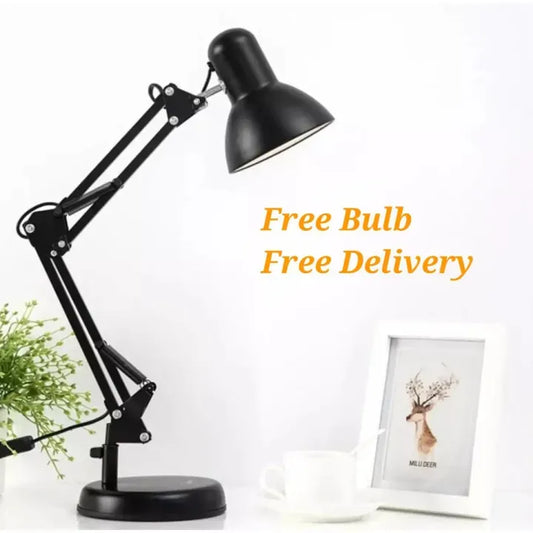 Adjustable Arms Study Lamp with Free Bulb & Free Delivery / Black colour Desk Lamp with E-27 Holder 360 Rotaion